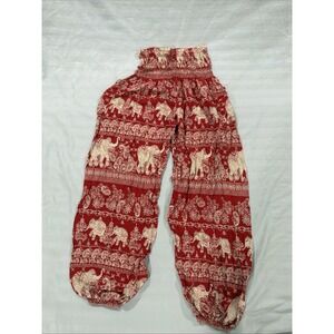 Red Elephant Print Harem Pants Smocked Waist Boho Yoga Hippie Genie Aladdin S/M